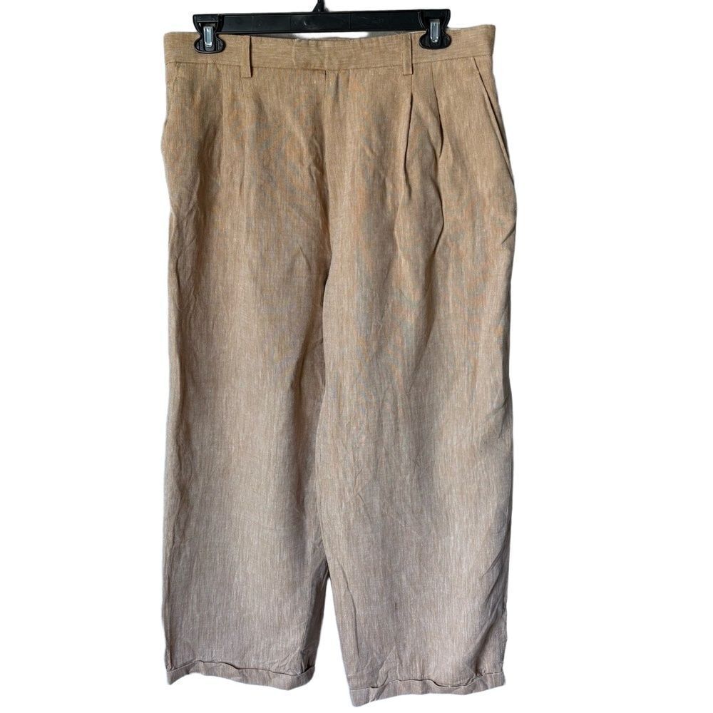 PJ Prestige Trousers Mens Size 38 Tan Pleated Linen Belt Loops Lightweight
